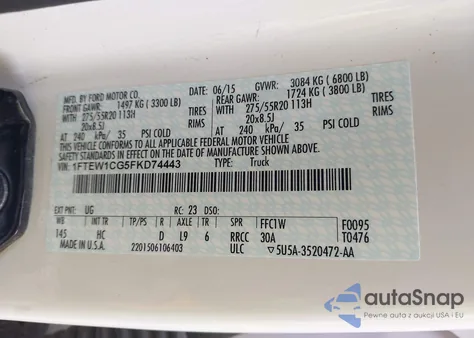 2015 Ford F-150 Lariat из США, поврежденный, VIN 1FTEW1CG5FKD74443